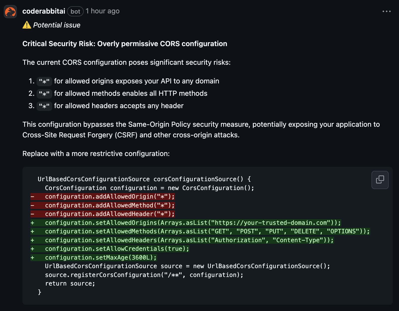 CodeRabbit Review comment on a Auth Flow